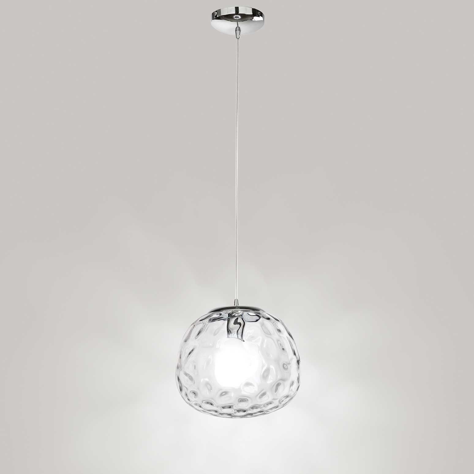 PERENZ Lampadario Sospensione Regolabile – Struttura Cromo Lucido E Diffusore In Vetro Trasparente (Diametro 40 Cm, Altezza Max 150 Cm)