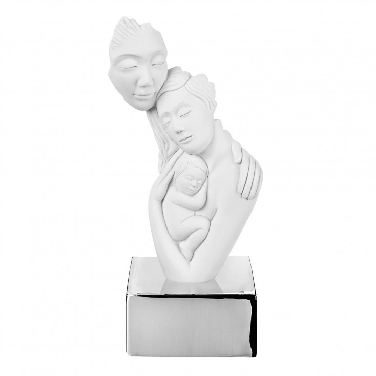 Scultura da tavolo in marmorino con base con la famiglia abbracciata