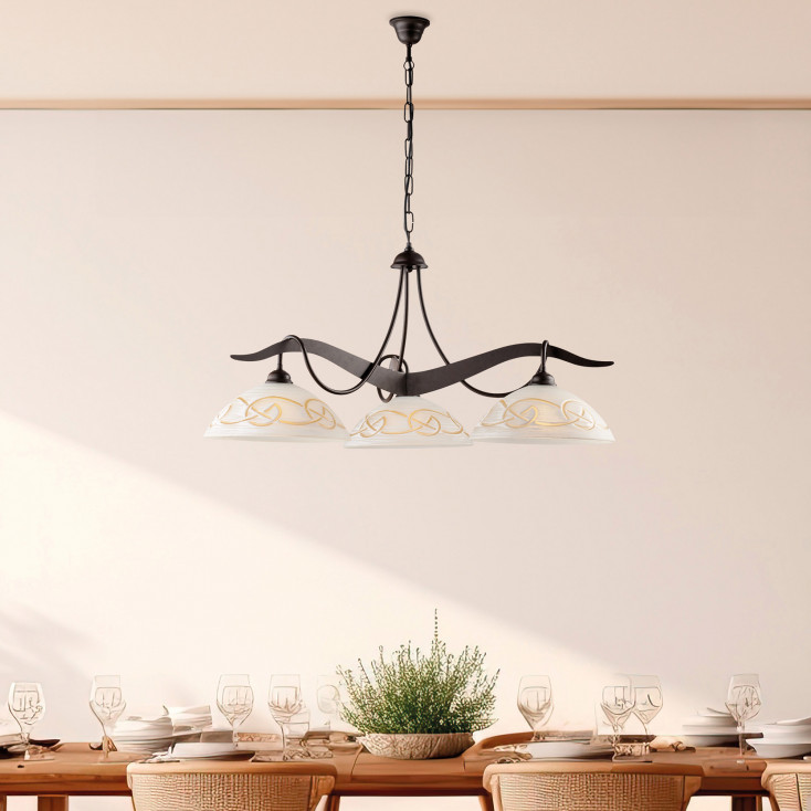 Lampadario rotondo classico in metallo e triplo diffusore in vetro