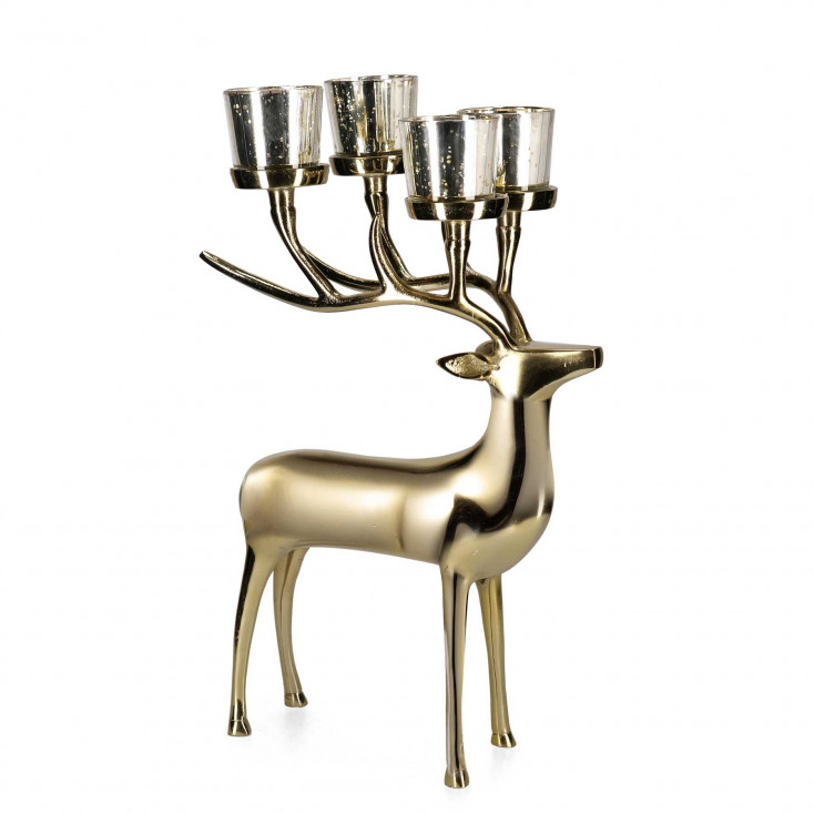 Portacandela con renna in alluminio e vetro