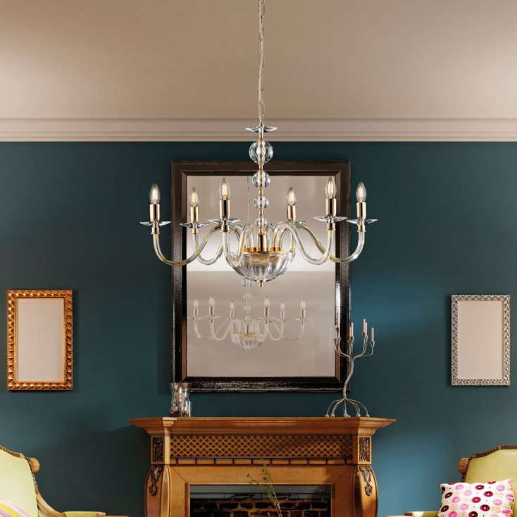 Lampadario classico grande 6 luci con struttura in metallo e dettagli in vetro