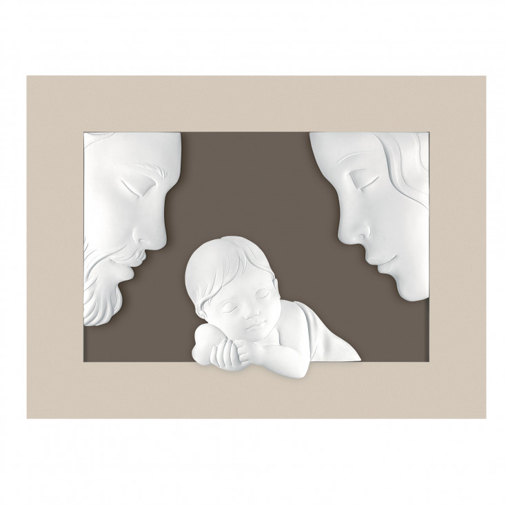 Capezzale moderno figura della sacra famiglia in marmorino e cornice in legno