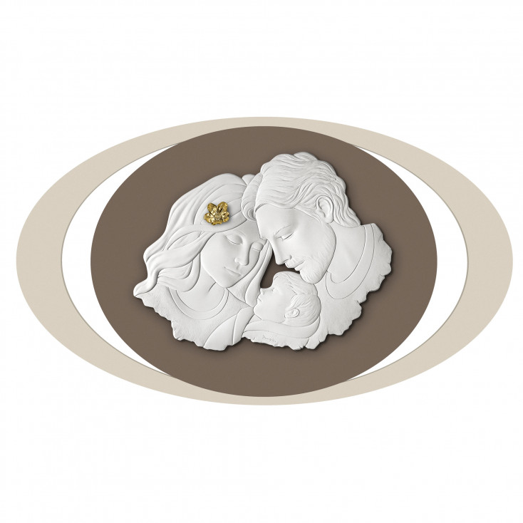 Capezzale piccolo ovale con la sacra famiglia in marmorino e pannello in legno