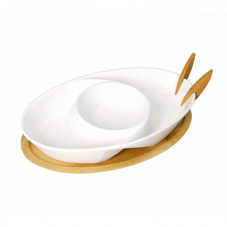 Antipastiera in porcellana con forchettine e base in bamboo