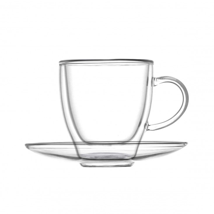 Set 2 pezzi tazzine da caffe in vetro con piattino dal design moderno