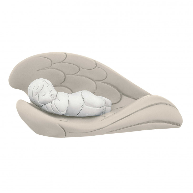 Bomboniera Battesimo - Scultura con bambino che dorme tra le ali colorate