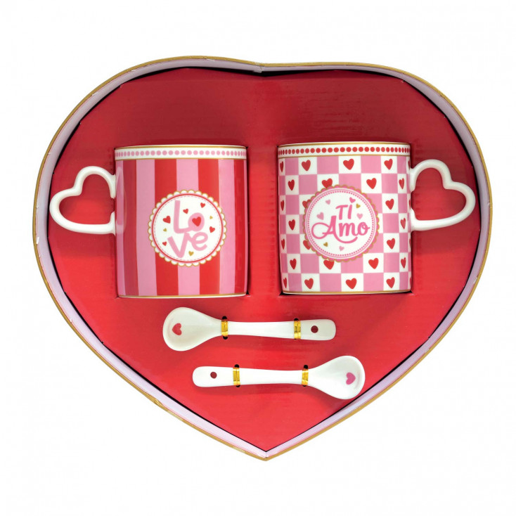 Set 2 tazze con manico, piattino con cuore e cucchiaini