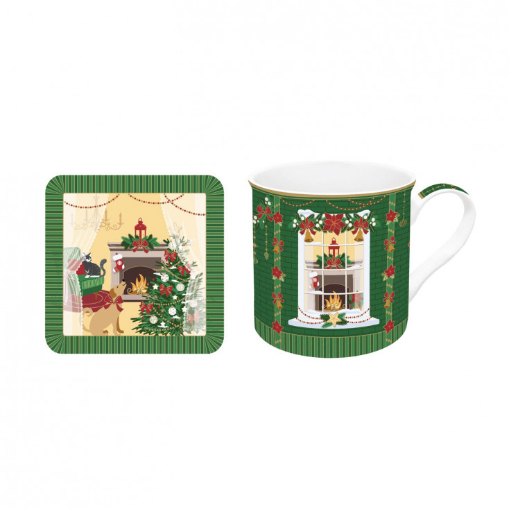 Set mug in porcella con sottobicchiere con decoro natalizio