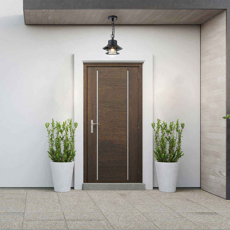 Lampada da esterno a sospensione con struttura in acciaio e diffusore in vetro