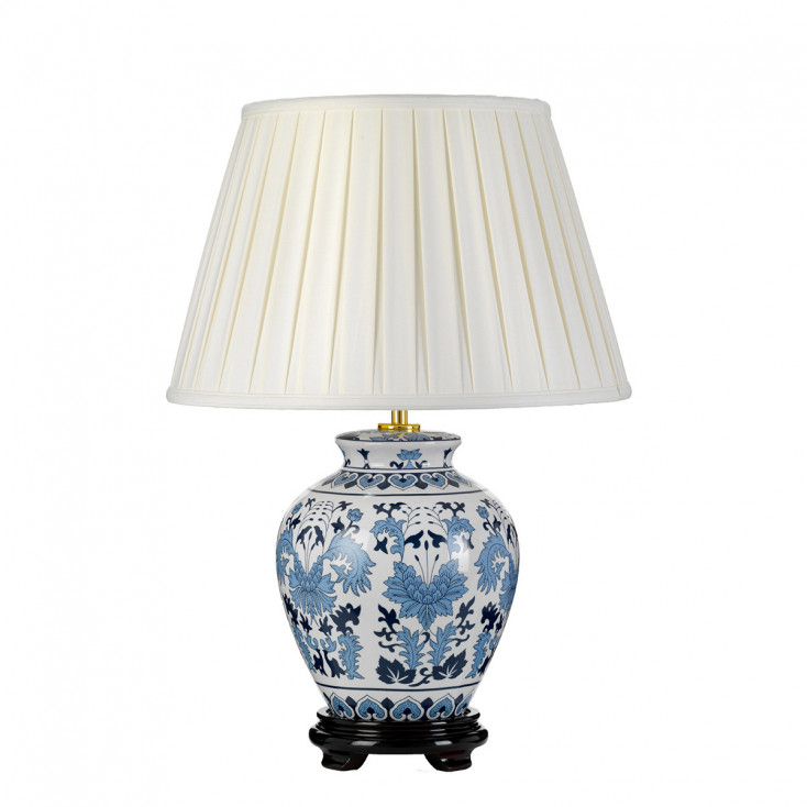 Lampada da tavolo orientale con struttura in ceramica con paralume in tessuto