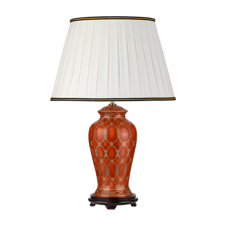 Lampada da tavolo orientale con struttura in ceramica e paralume in tessuto