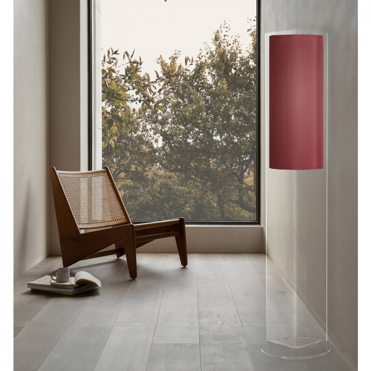 Piantana con struttura in plexiglass trasparente e diffusore in tessuto