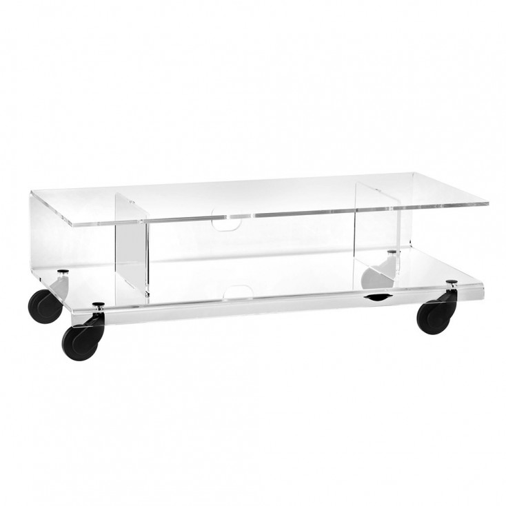 Tavolino da solotto grande con struttura in plexiglass e ruote
