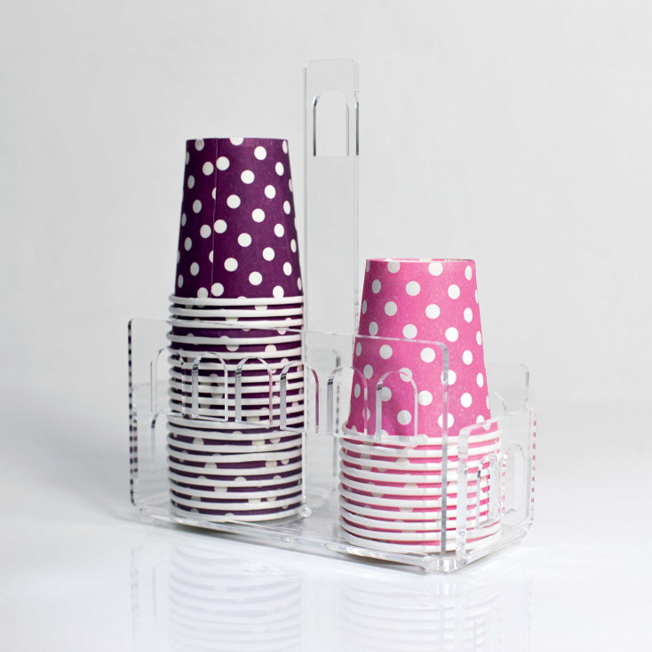 Portabicchieri in plexiglass per bicchieri di plastica con doppio scomparto