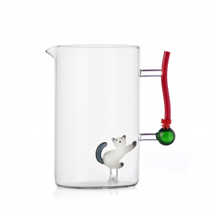 Brocca in vetro per acqua con gatto e palla di natale