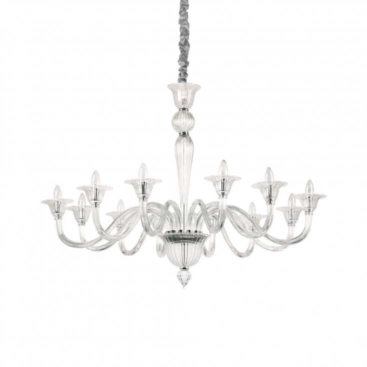 Lampadario grande classico in metallo con 12 bracci in vetro soffiato