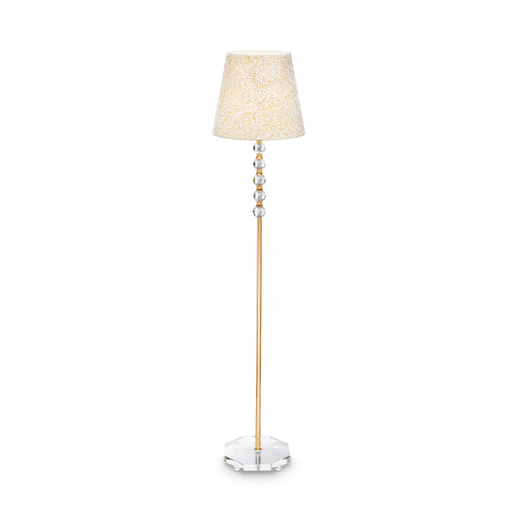 Piantana con struttura in metallo dorato e paralume in tessuto