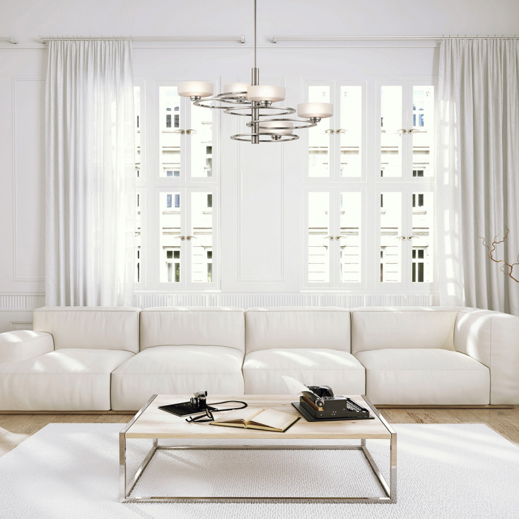 Lampadario grande in alluminio con 5 diffusori in vetro con luce a LED