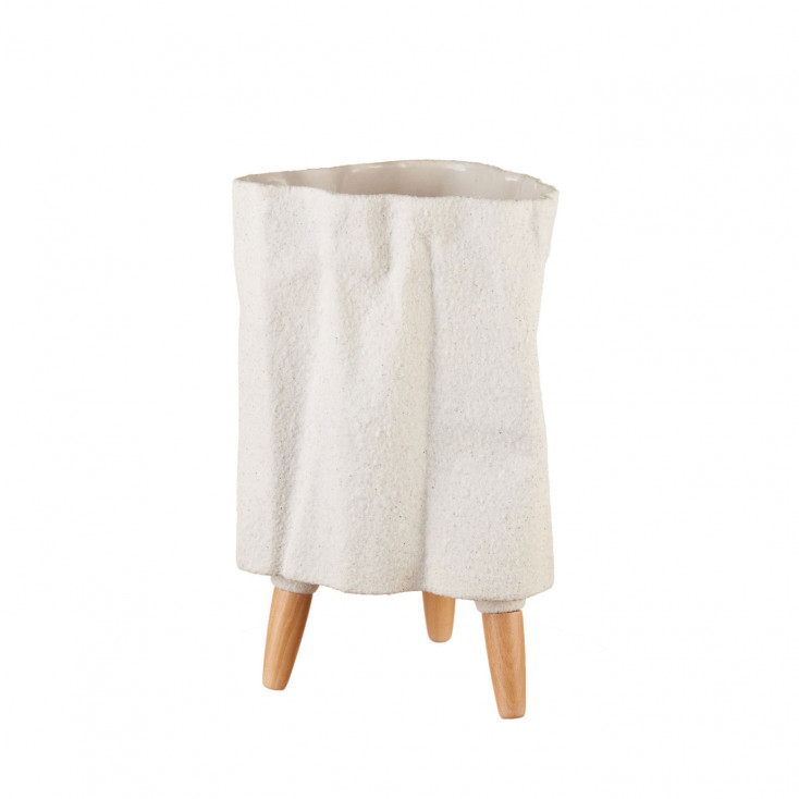 Cachepot alto in ceramica con piedi in legno