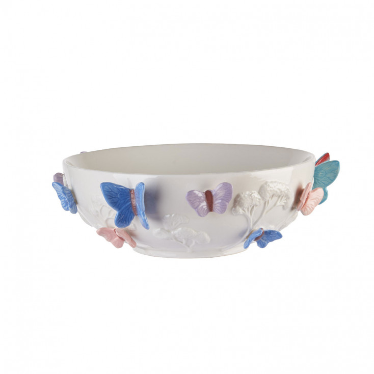 Centrotavola rotondo in ceramica con applicazoini di farfalle