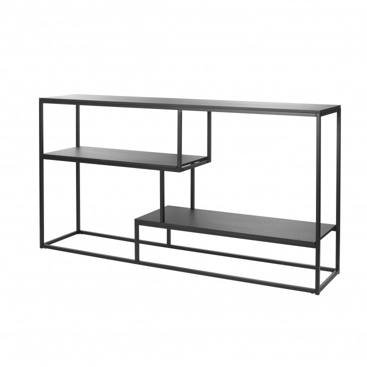 Consolle moderna in metallo nero con ripiani sfalsati e struttura geometrica