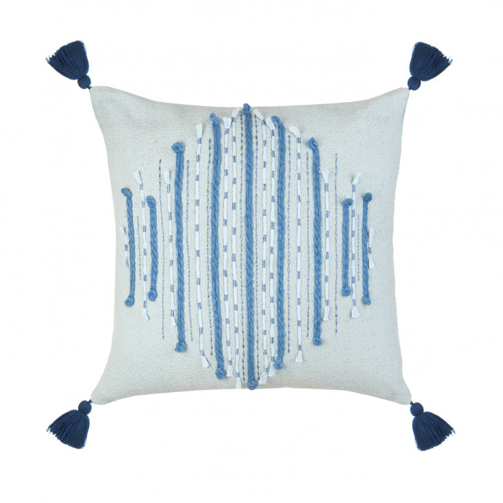 Cuscino in cotone quadrato con ricami e nappe a tema marino 45x45