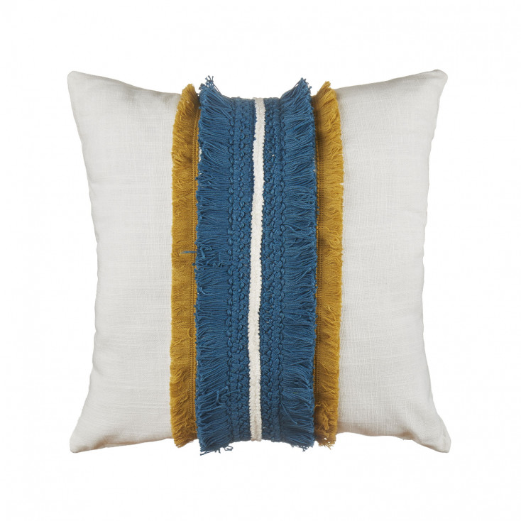 Cuscino quadrato in cotone con ricami e frange 45x45