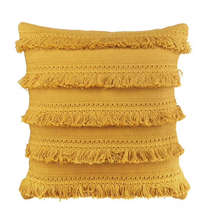 Cuscino quadrato in cotone con ricami e frange 45x45