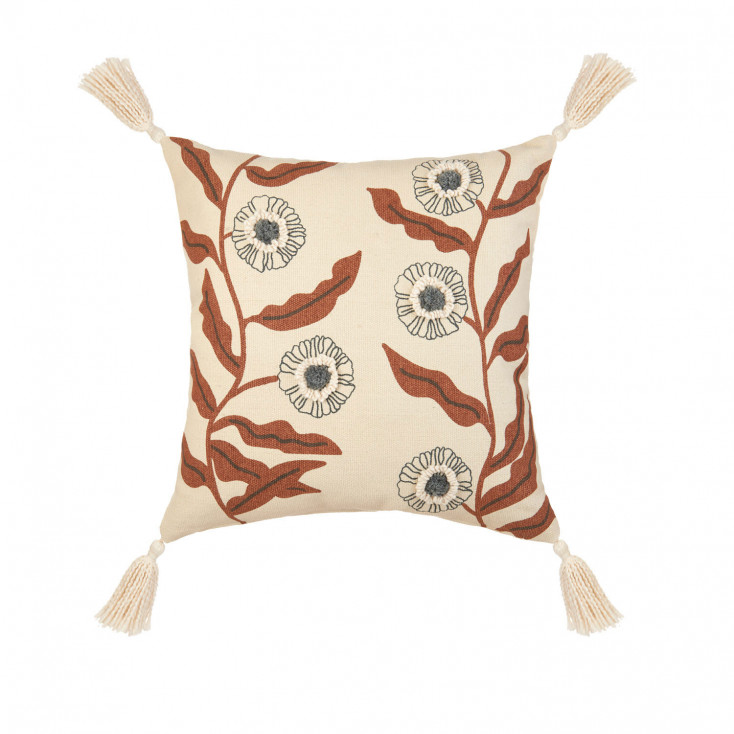 Cuscino quadrato in cotone con ricami e nappe 45x45