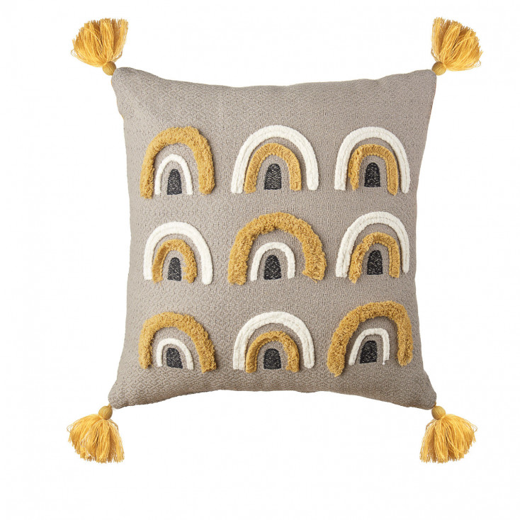 Cuscino quadrato in cotone con ricami etnici e nappe 45x45