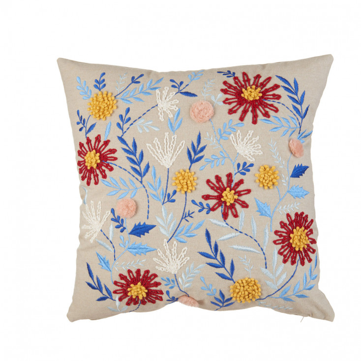 Cuscino quadrato in cotone con ricami floreali 45x45