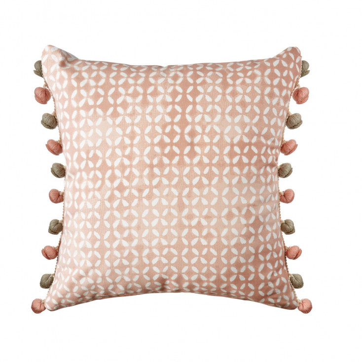 Cuscino quadrato in cotone stampato con ponpon 45x45