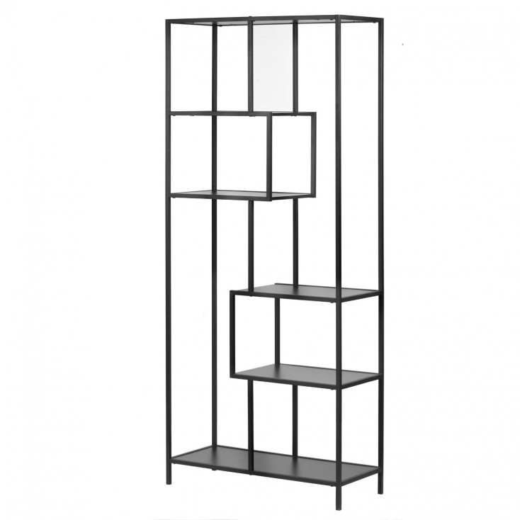 Libreria moderna in metallo nero con ripiani asimmetrici e struttura geometrica