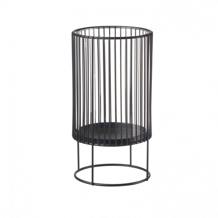 Portacandela alto in metallo nero con struttura cilindrica a stecche verticali