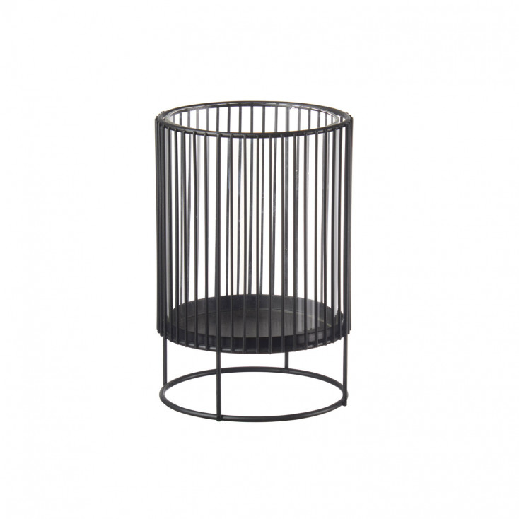 Portacandela basso in metallo nero con struttura cilindrica a stecche verticali