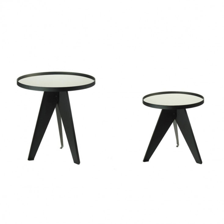 Set 2 tavolini moderni da salotto in metallo nero con piano rotondo in vetro
