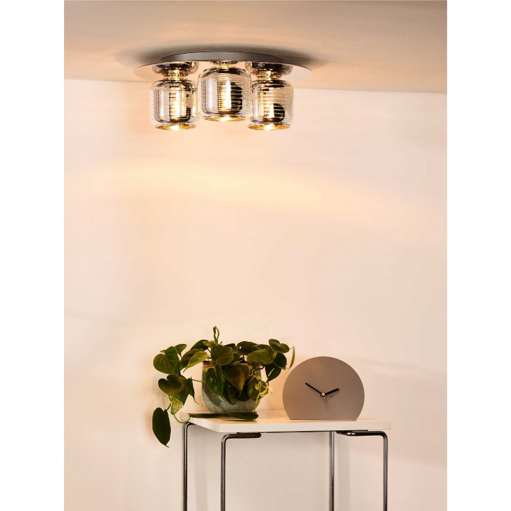 Plafoniera con struttura moderna in metallo specchiata e 3 diffusore in vetro