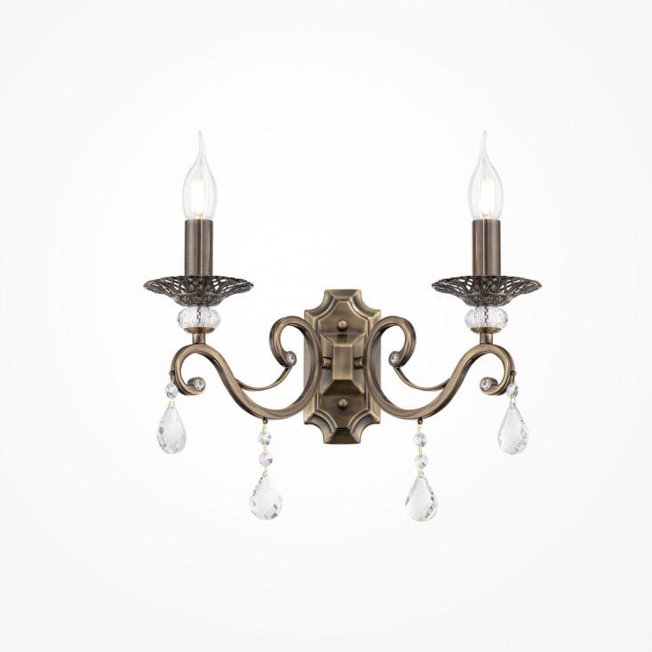 Applique classica in metallo a 2 braccia con cristalli e lampadine a fiamma