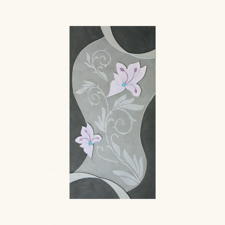 Quadro verticale moderno in rilievo decoro materico a fiori e farfalle 50x100