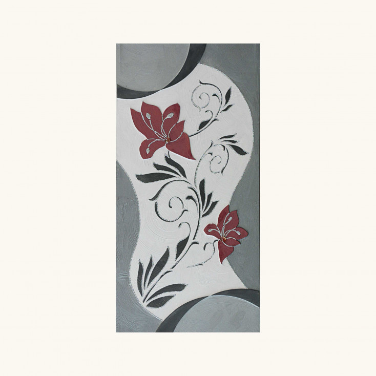 Quadro moderno verticale in rilievo decoro materico a fiori e farfalle 50x100