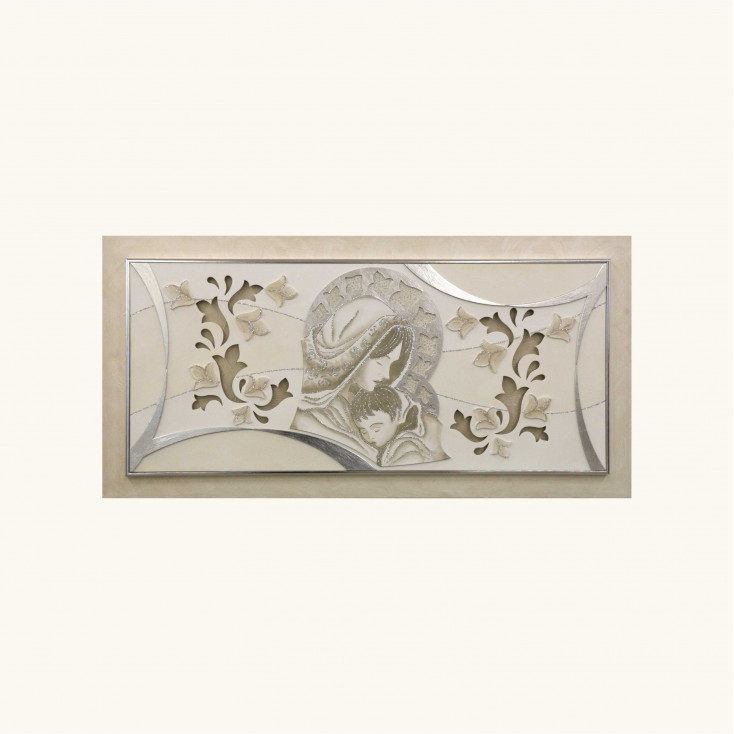 Capezzale con Maternità in rilievo decori materici e foglia argento 120x60