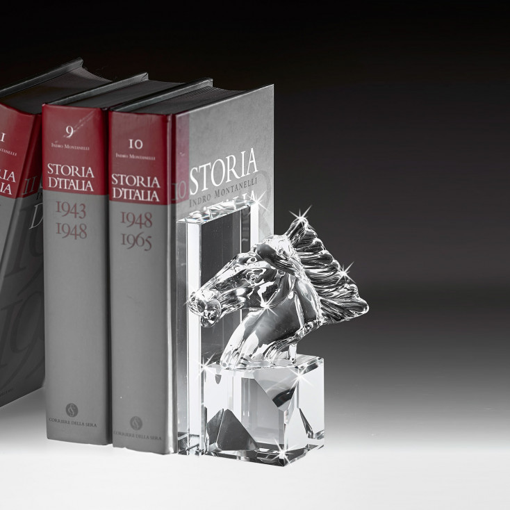 Ferma libri in cristallo con testa di cavallo dal design moderno
