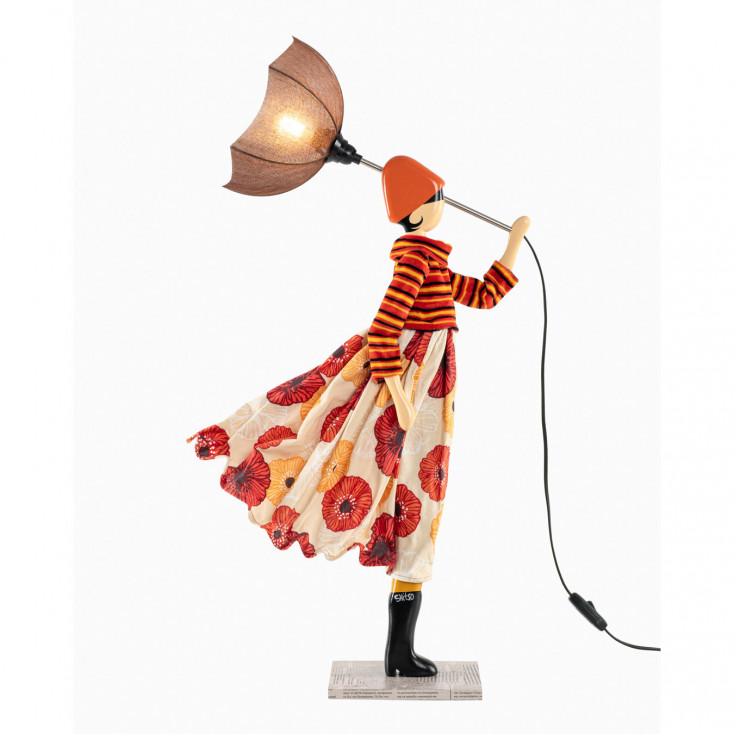 GURU SHOP Lampada Da Tavolo Kokopelli Senorita - Design Esotico, Base In Vetro E Paralume In Recin, Rosso, 50x15x15 Cm