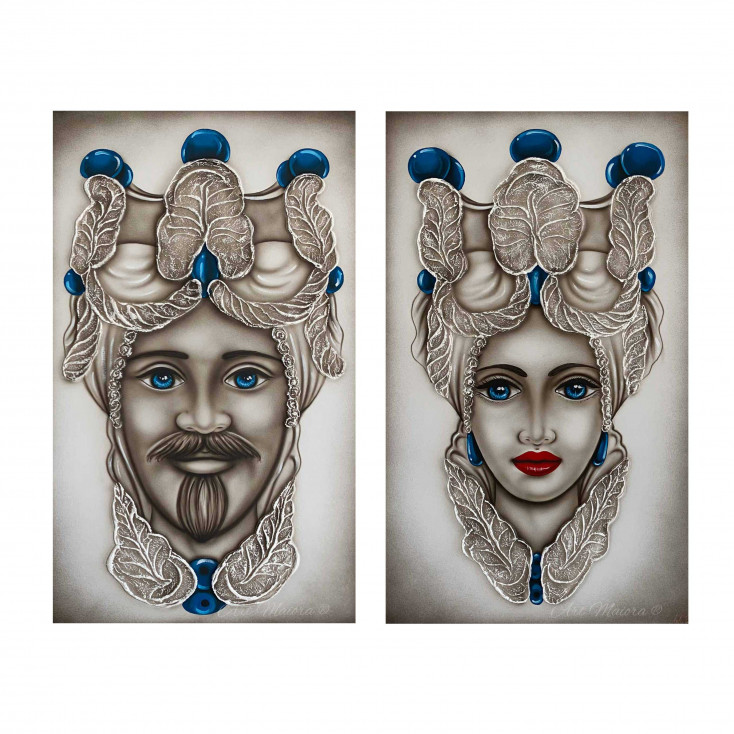 Quadro dipinto a mano su tela "Teste di moro" 110x65 set 2pz