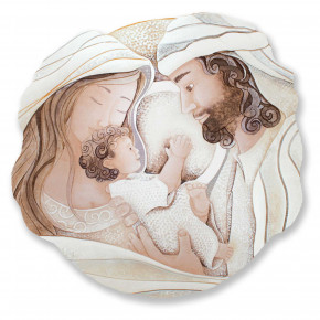 Cartapietra - Modello: Dono - Capezzale rotondo sacra famiglia con bassorilievo dipinto a mano retro in legno - SKU: QS6085 