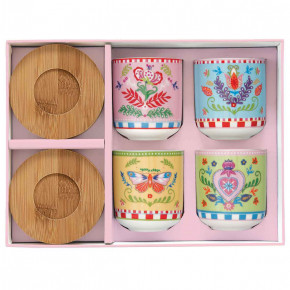 Easy Life - Modello: Spring Folk - Set 4 bicchierini da caffè in porcellana con piattini in bamboo - Colore: Multicolore - SKU: R1476#SFOL - Codice EAN: 8001544152172 