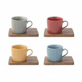 Easy Life - Modello: Take a break - Set 4 tazzine da caffè dal design moderno in porcellana e piattini in acacia - Colore: Multicolore - SKU: R1642#TBR5 - Codice EAN: 8001544144368 