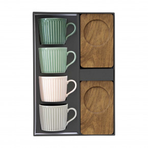 Easy Life - Modello: Take a break - Set 4 tazzine da caffè in porcellana e piattini in acacia dal design moderno - Colore: Multicolore - SKU: R1642#TBR7 - Codice EAN: 8001544144382 