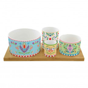 Easy Life - Modello: Spring Folk - Set aperitivo con ciotole in porcellana e vassoio in legno - Colore: Multicolore - SKU: R1468#SFOL - Codice EAN: 8001544152165 