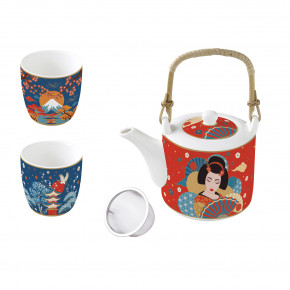 Easy Life - Modello: Tokyo - Set con Teiera e 2 bicchierini in porcellana - Colore: Rosso/Blu - SKU: R1467#TOKY - Codice EAN: 8001544026794 